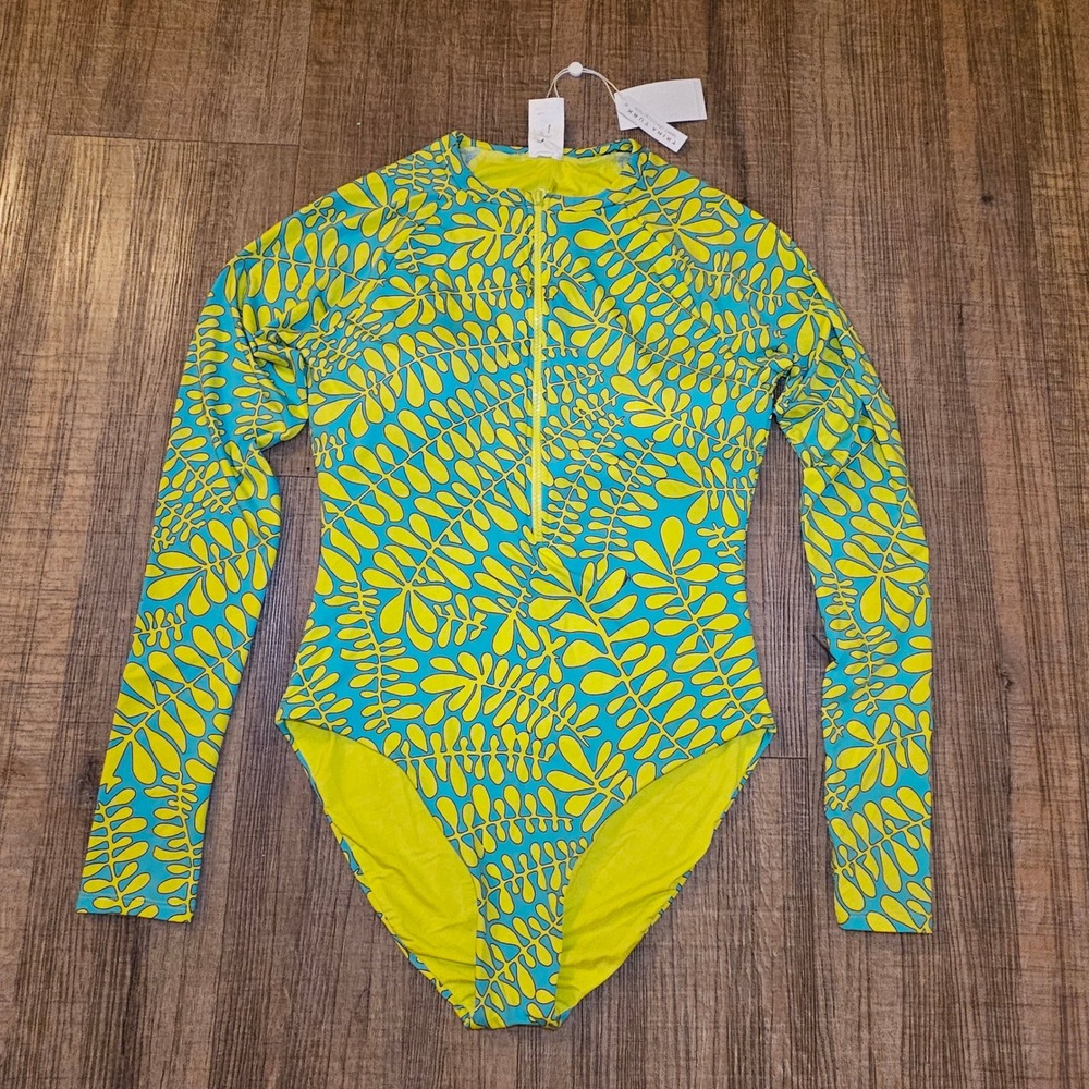 Trina Turk Trillis Paddle Suit One Piece Swimsuit Size L Leaf Print NEW Zip UPF